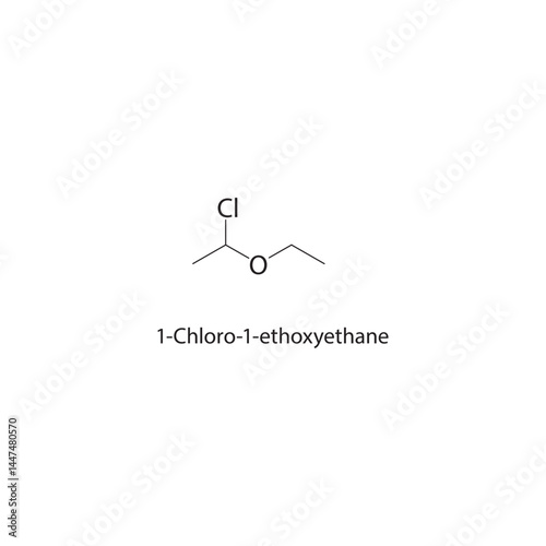 1-Chloro-1-ethoxyethane skeletal structure. Chlorinated Ether compound schematic illustration. Simple diagram, chemical formula.