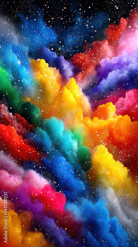 Vibrant cosmic nebula with multicolored clouds creates abstract, dreamy scene filled with swirling colors and starry specks, evoking sense of wonder and imagination
