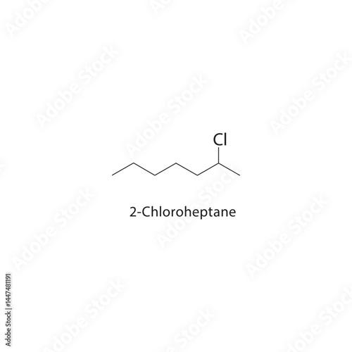 2-Chloroheptane skeletal structure. Chlorinated Alkane compound schematic illustration. Simple diagram, chemical formula.