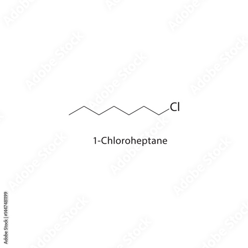 1-Chloroheptane skeletal structure. Chlorinated Alkane compound schematic illustration. Simple diagram, chemical formula.