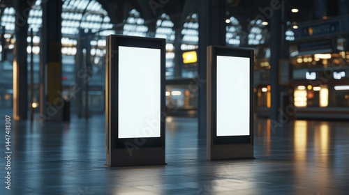 Fototapeta Naklejka Na Ścianę i Meble -  Two blank vertical digital billboards in a modern train station.