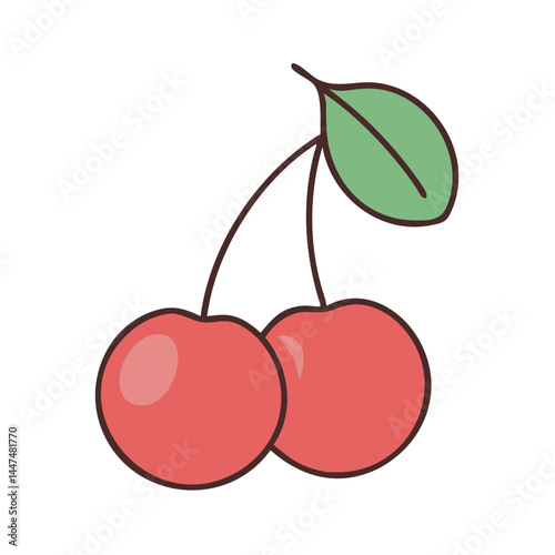 Illustration of two red cherries with a green leaf, a sweet fruit, a summer treat, a healthy snack, and a dessert.