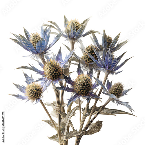 Fresh Organic Eryngium Arrangement on Bright White Background