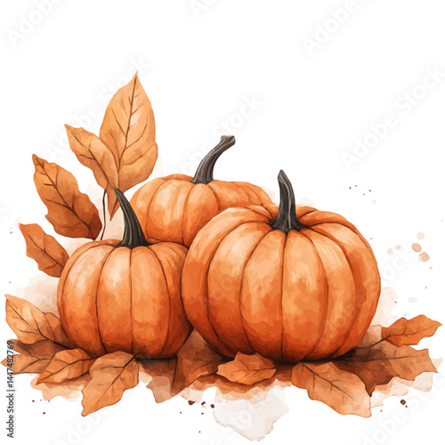 Misty Fall Morning With Pumpkins And Fog, vector watercolor illustration, isolated on a white background.