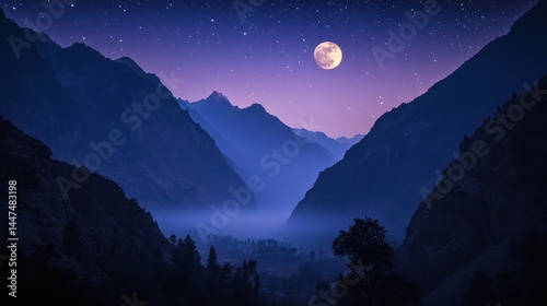 Misty mountain valley at night under a full moon