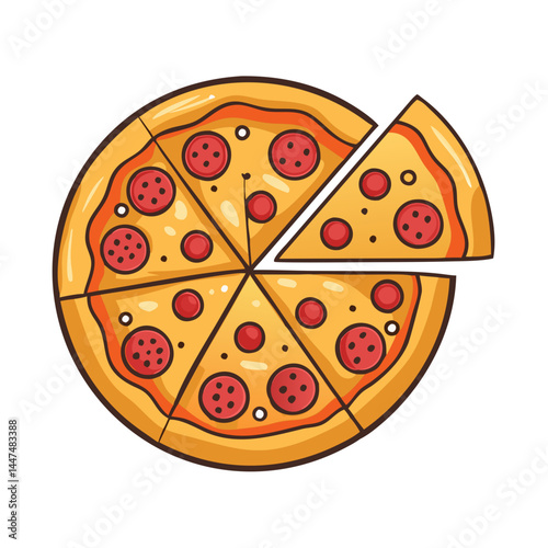 Delicious pepperoni pizza illustration with slice missing food italian fast food restaurant menu design