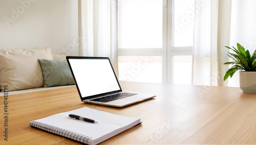 Minimalist workspace setup, modern desk with laptop and notepad, bright natural light, perfect for productivity and creativity. Isolated on white background or PNG