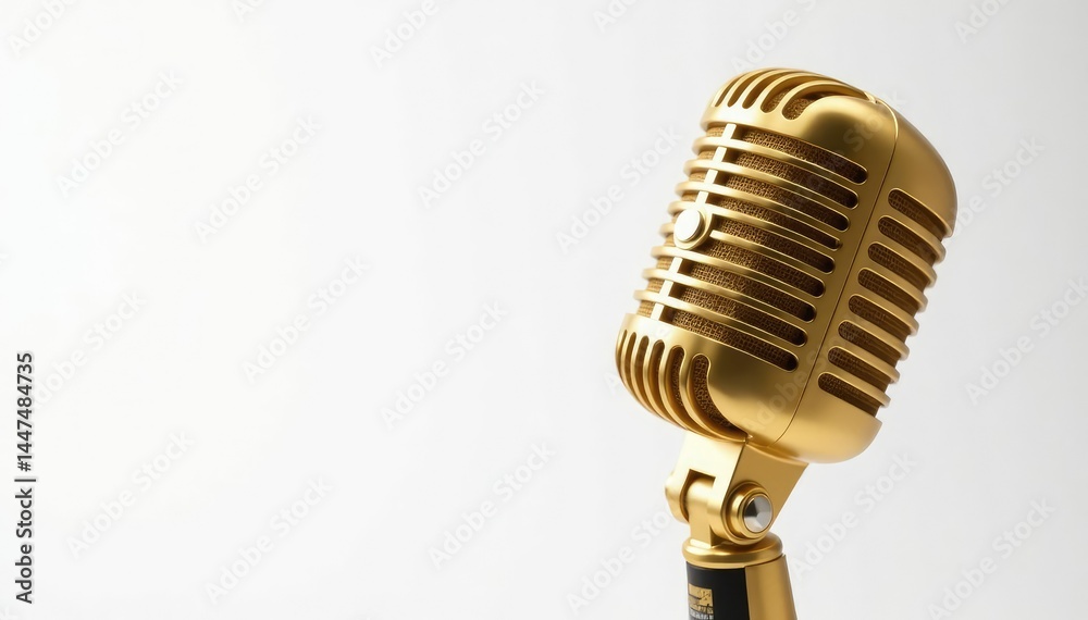 Fototapeta premium Close-up shot of a gold microphone isolated on white , symbol, texture