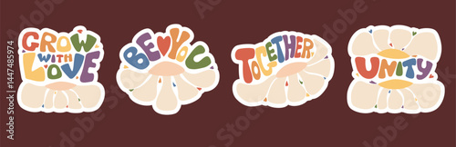 Retro Groovy LGBT Lettering in Rainbow colors Flag Set. Isolated Vector stickers Calligraphy quote with Daisy Flower Power. LGBTQ community. Gender equality and diversity relationships. Pride month