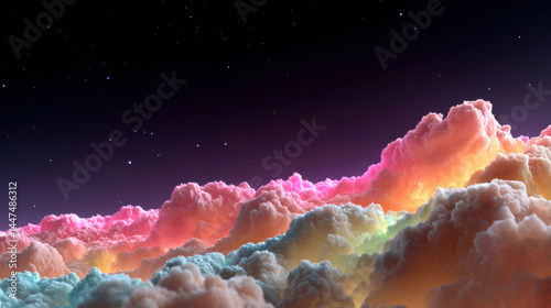 Colorful vibrant nebula clouds form stunning horizon line against starry night sky, creating surreal and dreamy atmosphere. vivid colors blend seamlessly, evoking wonder