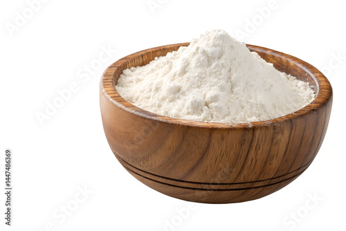Wooden Bowl Filled with White Flour Isolated on White Background
