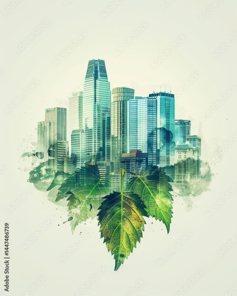 Fototapeta premium Sustainable urban ecology an illustrated cityscape crafted from leaves with text space