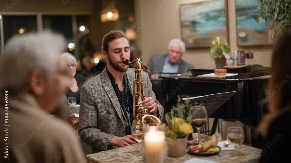 A small jazz ensemble playing in a cozy bar with a saxophonist taking a solo while patrons enjoy drinks and engage in conversation at candlelit tables.