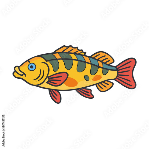 Illustration of a yellow perch fish with red fins and dark green stripes aquatic animal art