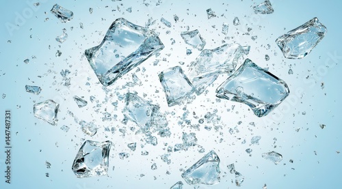 Shattered ice cubes in mid-air
