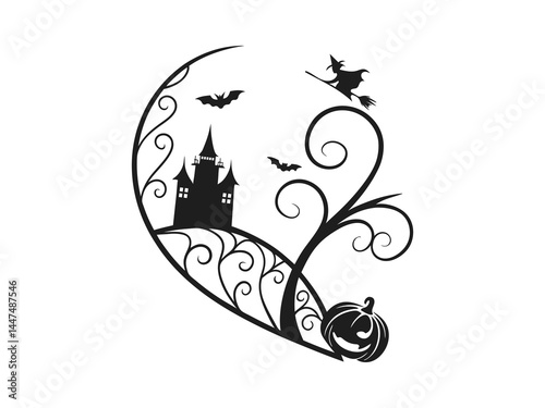 Ultimate Halloween Vector: Haunted House, Flying Witch, Bats & Spooky Pumpkin Silhouette Design.