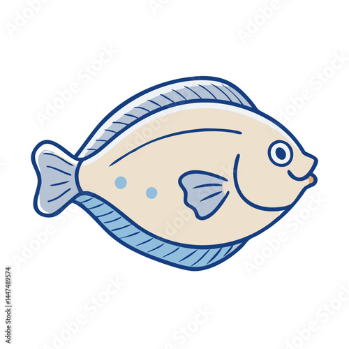 Illustration of a cute flounder fish cartoon character swimming in the ocean animal life drawing