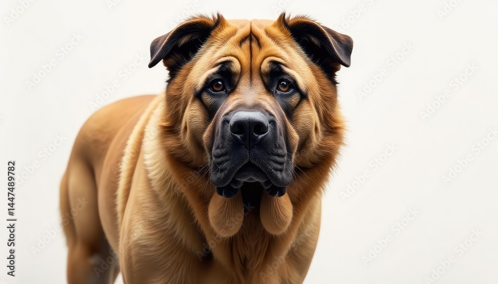 Fototapeta premium Imposing mastiff, serene expression, pure white backdrop, pet photography, headshot, background