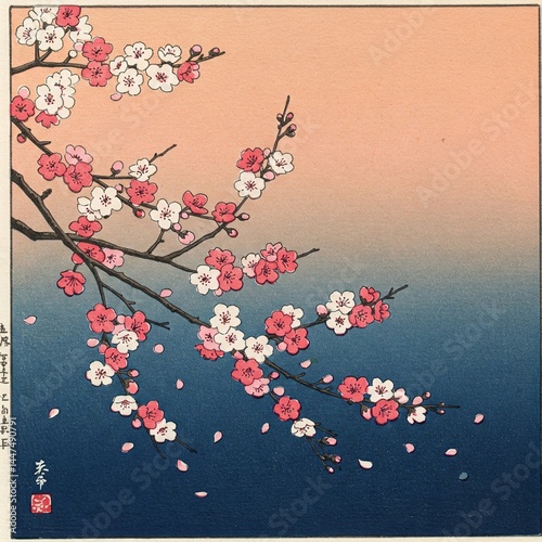 Ukiyo-e print of flowering plum blossoms. Blossoms are pink and white on branches against a gradient blue/peach background.