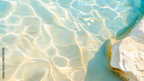 Crystal clear water shimmering under sunlight, creating beautiful reflections and textures on the sandy bottom.