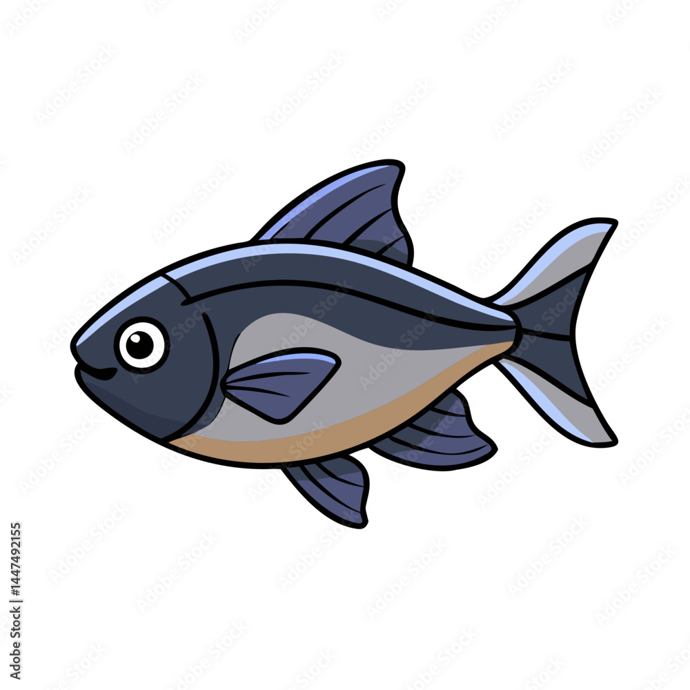 Fototapeta premium Cartoon fish illustration of a cute black tetra fish swimming in the ocean vector graphic