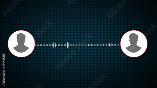 Virtual Two Male Characters Talking in Podcast Interview – Voice Animation with Microphone Button Icon, Music Equalizer Chart, Voice Signal Visualization – Audio Recording and Tech UI Element.