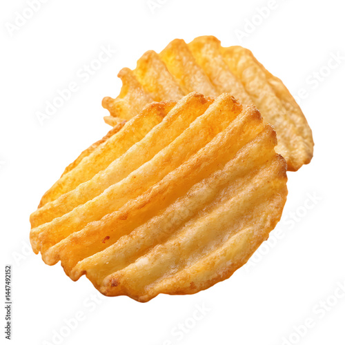 Crispy Potato Chips Closeup Image of Delicious GoldenBrown WaveCut Snacks isolated on transparent background