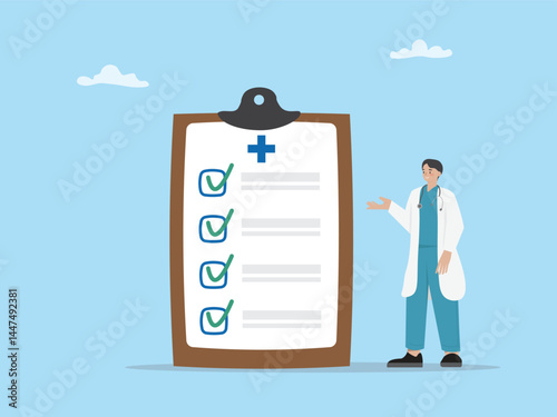Doctor presenting medical certification with mark and checkbox concept healthcare, diagnosis list, vaccination document, information data announcement for clinic or hospital. vector flat illustration.