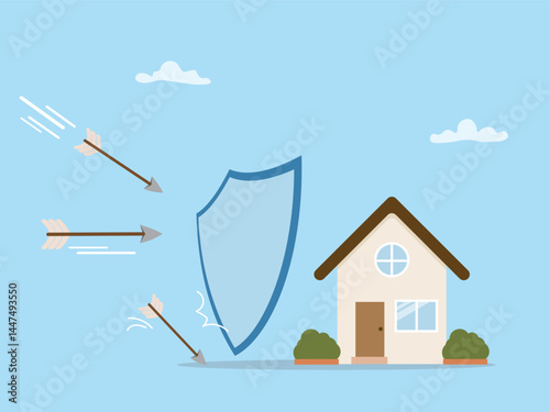 House protect by shield from arrow concept home insurance, risk management, resident for retirement, real estate financial security, saving money from emergency disaster payment vector illustration.