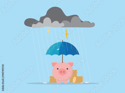 Picky bank with gold coin protect by umbrella from raining storm concept insurance, risk management, life and retirement, financial security, saving money from emergency payment vector illustration.