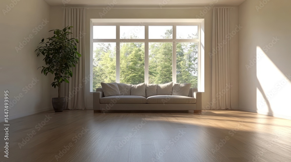 Empty modern living room with large window and beige sofa. Empty modern living room with large window and beige sofa.