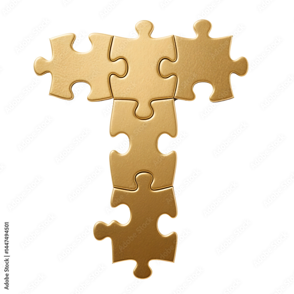 Fototapeta premium letter t formed from several interlocking golden puzzle pieces 