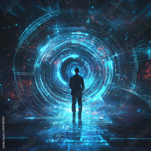 Exploring the digital cosmos man standing in a futuristic portal virtual reality sci-fi atmosphere low angle perspective