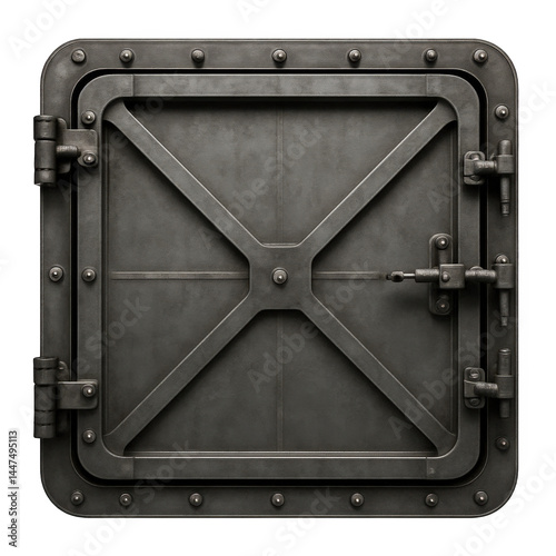 Industrial strength dark metal bulkhead door featuring X-shaped reinforcement, heavy hinges, and secure latch system.