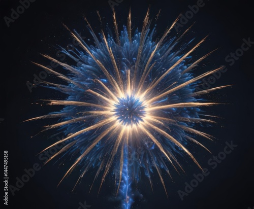 Isolated blue firework exploding, showcasing intricate patterns and fiery energy , festival, fiery