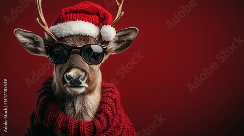 cool reindeer in Santa hat on snowy white sparkling background, right side empty  