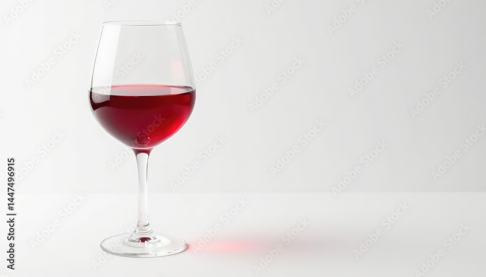 Single glass of ruby red wine on pure white surface, minimal, studio, simple