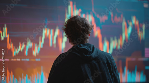 Person facing away, looking at a large display showing financial charts.  Detailed stock market data is visible on multiple screens, with various colored lines and graphs