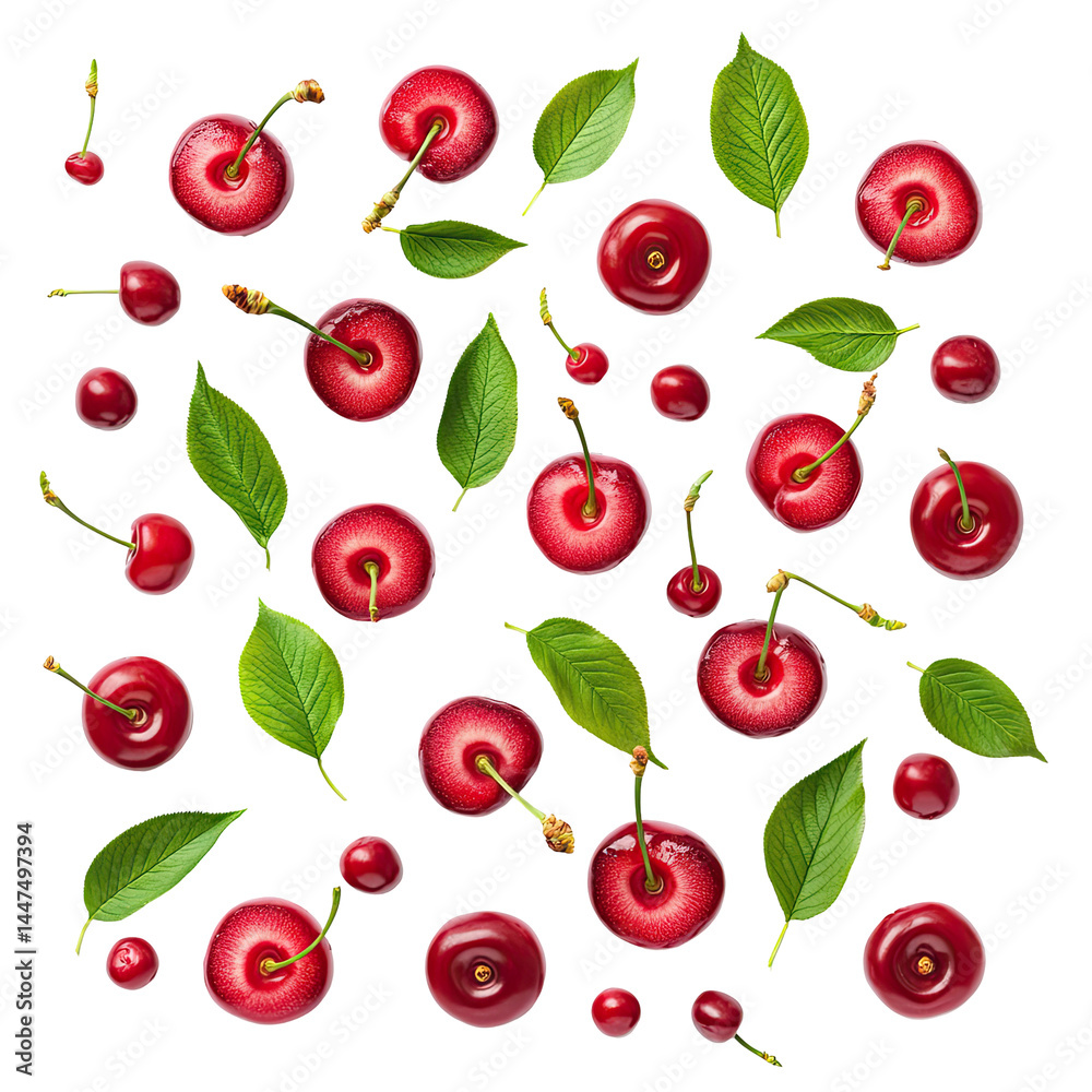Fresh cherries and leaves, top view Fresh cherries and leaves, top view