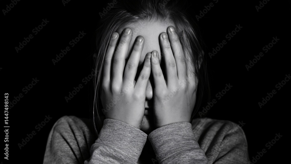 Black and white image of a person with hands covering their face, expression of distress. Black and white image of a person with hands covering their face, expression of distress.