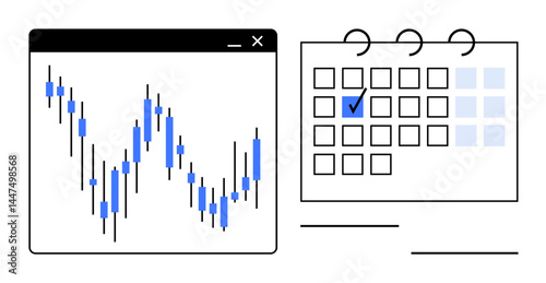 Stock market candlestick chart in window paired with calendar featuring highlighted date. Ideal for finance, strategy, planning, scheduling, data analysis, forecasting, time management. Flat simple