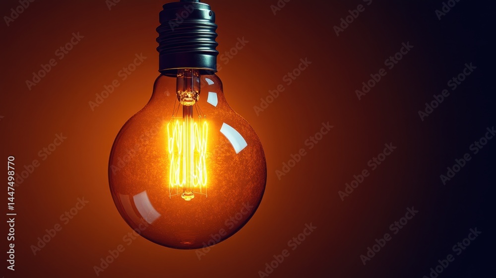 Obraz premium Lit vintage bulb with glowing filament hangs against a dark background, casting a warm glow