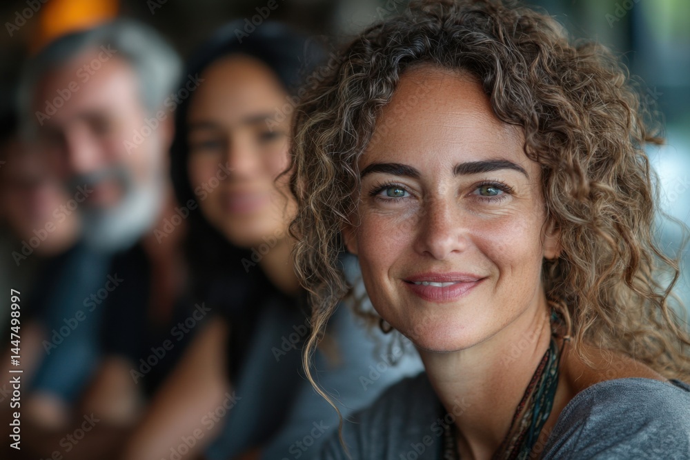Obraz premium Close-Up Portrait of a Smiling Woman with Curly Hair and Natural Beauty