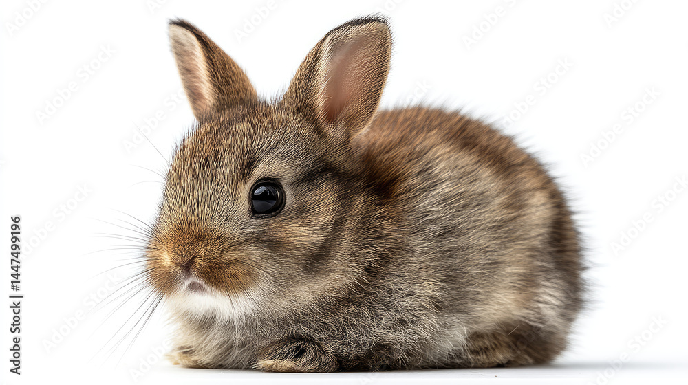 Fototapeta premium Cute baby rabbit, soft fur, brown and gray coloring, alert eyes, adorable pose