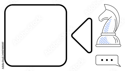 Chess knight piece, speech bubble with ellipsis, play button, and blank square highlight strategy, communication, and decision-making. Ideal for leadership, planning, strategy communication
