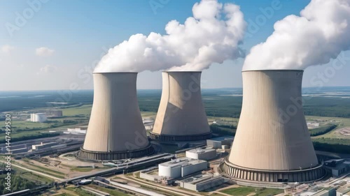 Cooling towers of the nuclear power plant. Video Generative AI.