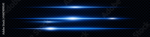 Set of abstract horizontal blue glowing light streaks or lens flares isolated on dark transparent background. Futuristic neon beams, special effects, digital design. EPS vector illustration.