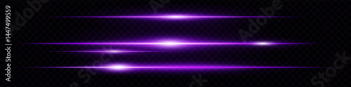Set of abstract horizontal purple glowing light streaks or lens flares isolated on dark transparent background. Futuristic neon beams, special effects, digital design. EPS vector illustration.