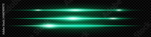 Set of glowing horizontal green neon lens flares isolated on black background. Abstract futuristic light streaks for digital effects, banners, interfaces. EPS vector illustration.
