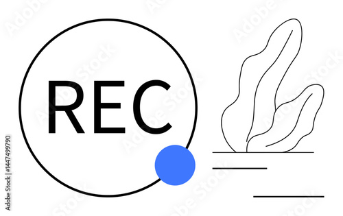 Circular REC button with a blue dot and abstract plant lines. Ideal for media interfaces, technology concepts, creativity, digital tools, branding, modern design, simple landing page